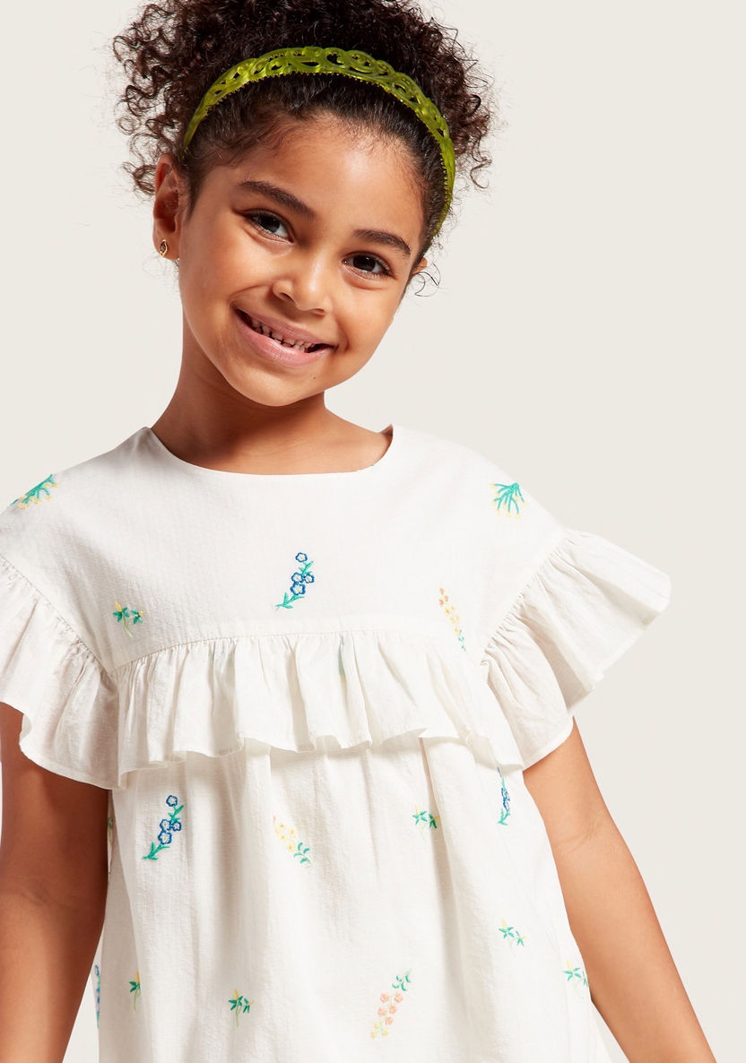 Juniors Embroidered Dress with Round Neck and Ruffled Cap Sleeves-Dresses%2C Gowns and Frocks-image-2
