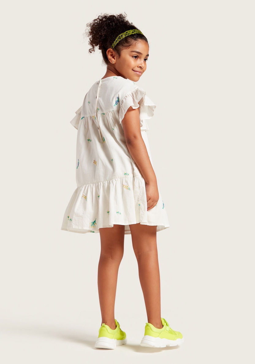 Juniors Embroidered Dress with Round Neck and Ruffled Cap Sleeves-Dresses%2C Gowns and Frocks-image-3