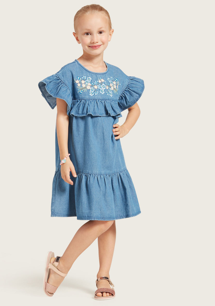 Juniors Frill Detail Dress with Round Neck and Short Sleeves-Dresses%2C Gowns and Frocks-image-3