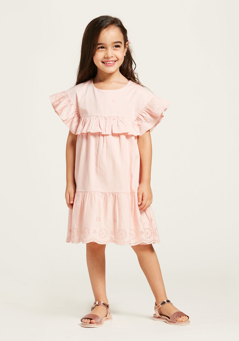 Juniors Solid Dress with Schiffli and Ruffle Detail-Dresses%2C Gowns and Frocks-image-1