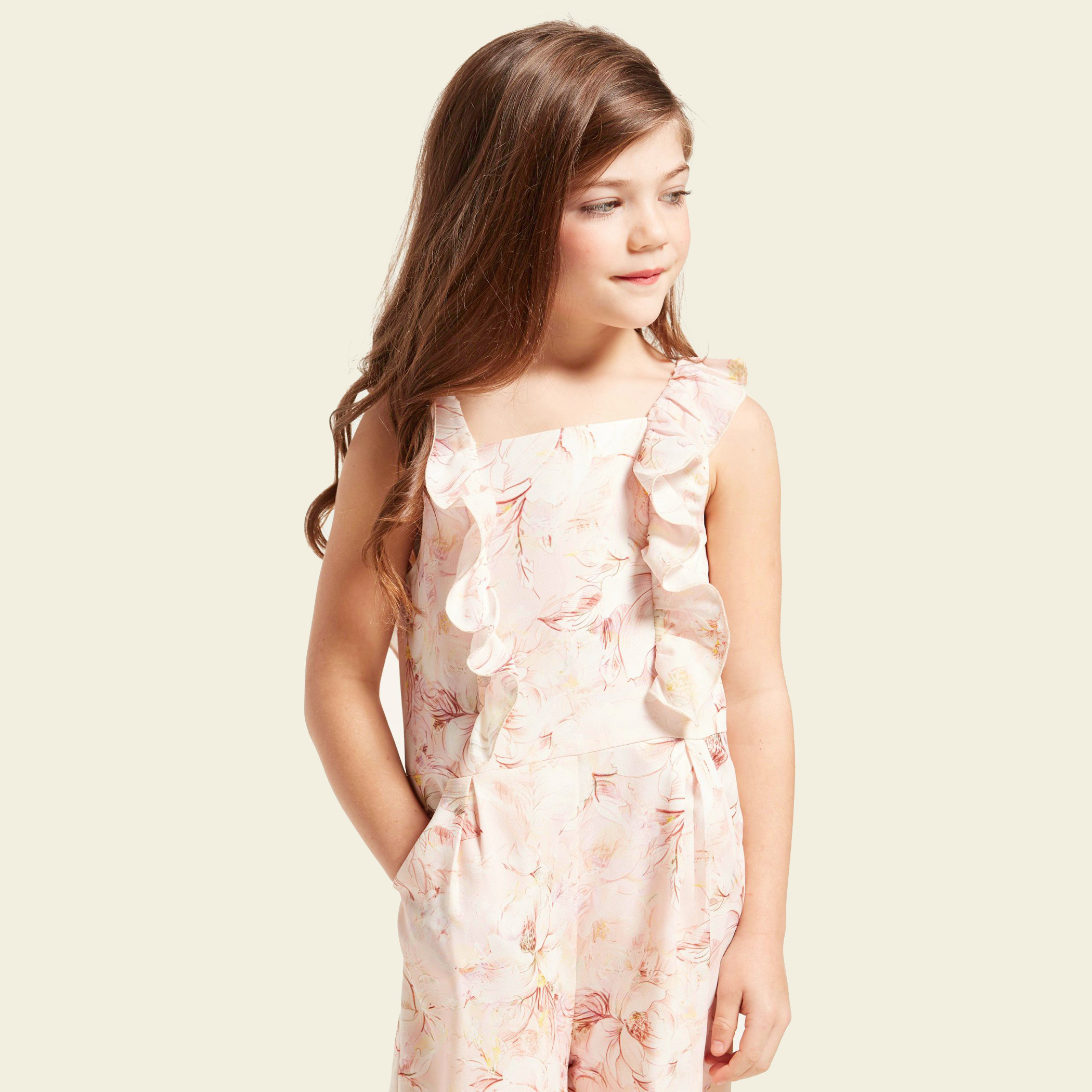 Juniors All Over Floral Print Jumpsuit with Pocket and Frill Detail