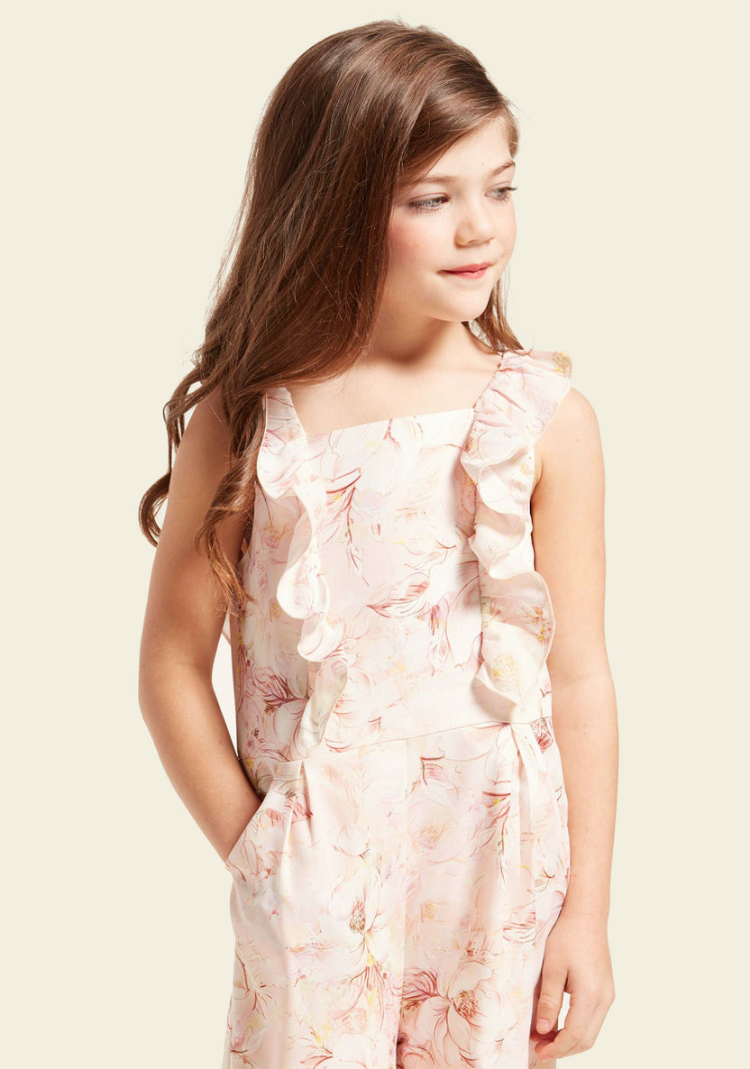 Juniors All-Over Floral Print Jumpsuit with Pocket and Frill Detail-Rompers%2C Dungarees and Jumpsuits-image-1