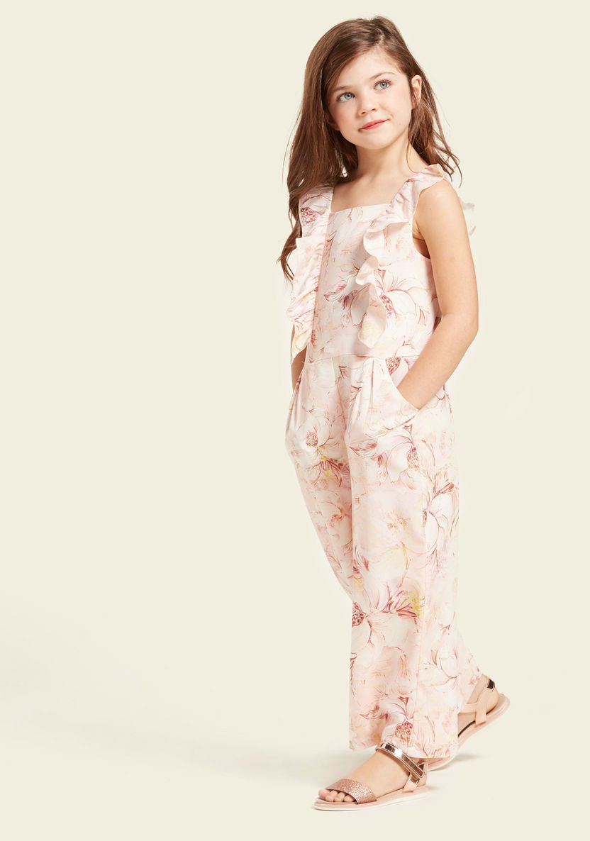 Juniors All-Over Floral Print Jumpsuit with Pocket and Frill Detail-Rompers%2C Dungarees and Jumpsuits-image-2