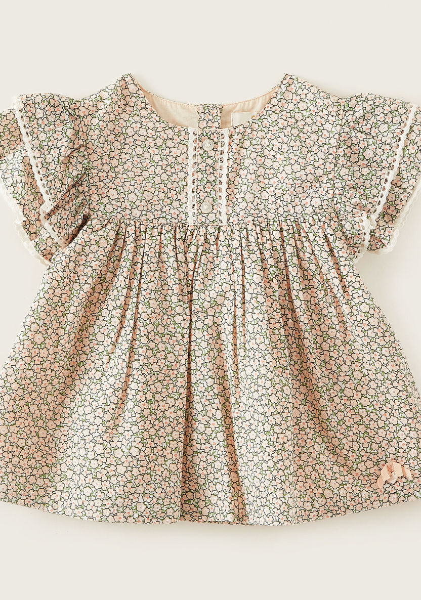 Floral Print Short Sleeves Dress with Ruffle Detail and Button Closure-Dresses%2C Gowns and Frocks-image-0