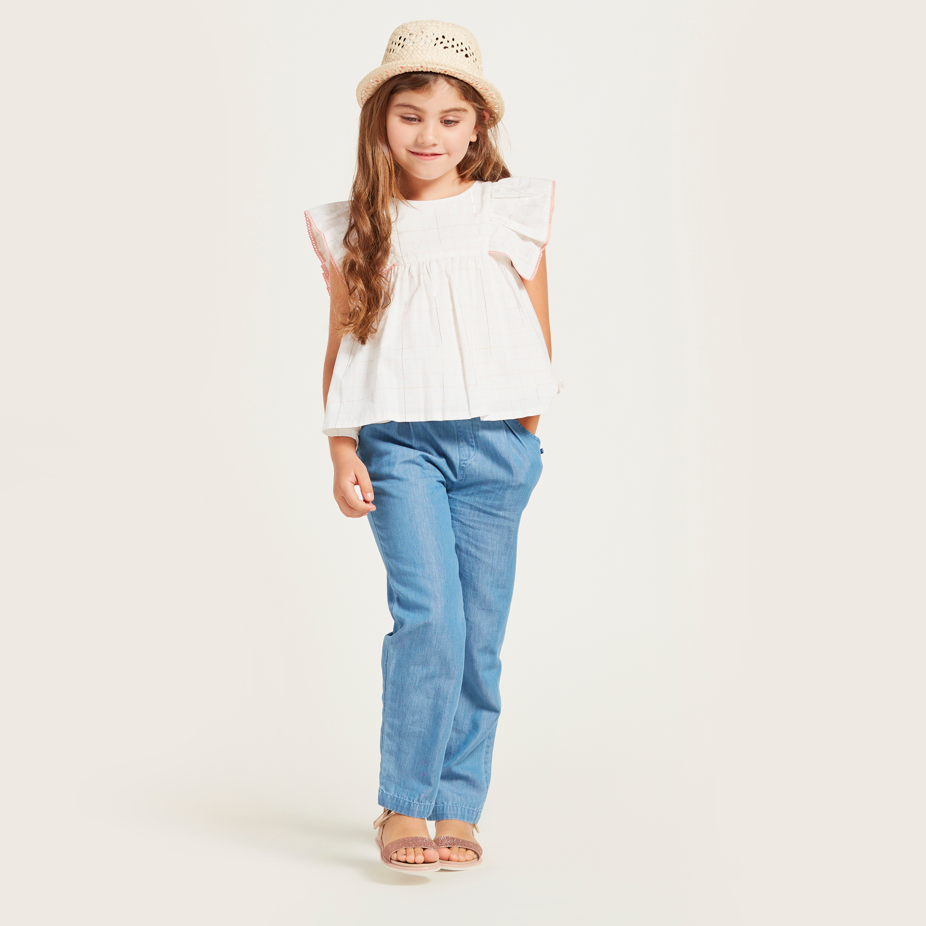 Eligo Checked Blouse with Round Neck and Cap Sleeves-girls-clothing-blousesandshirts-image-1