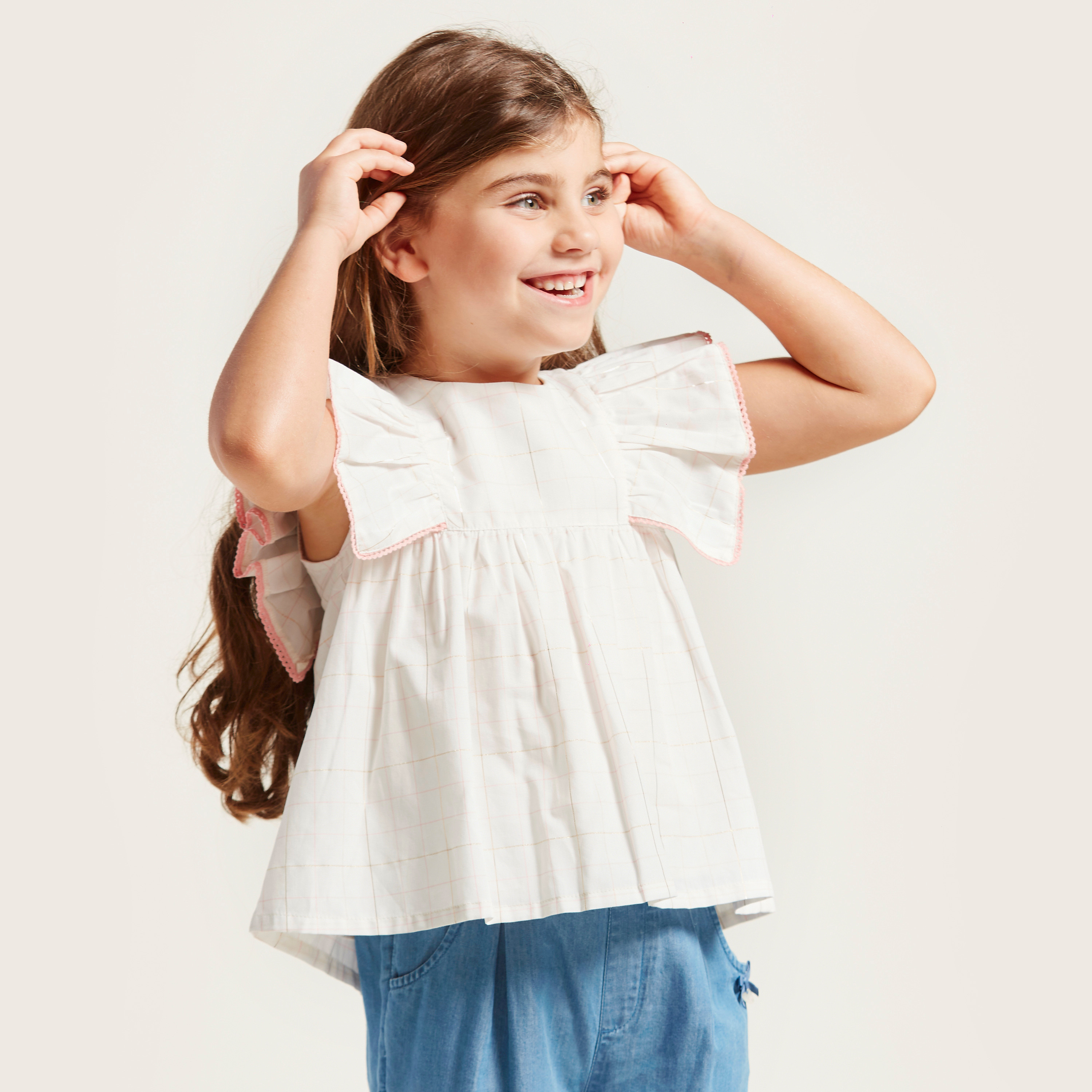 Eligo Checked Blouse with Round Neck and Cap Sleeves-girls-clothing-blousesandshirts-image-2