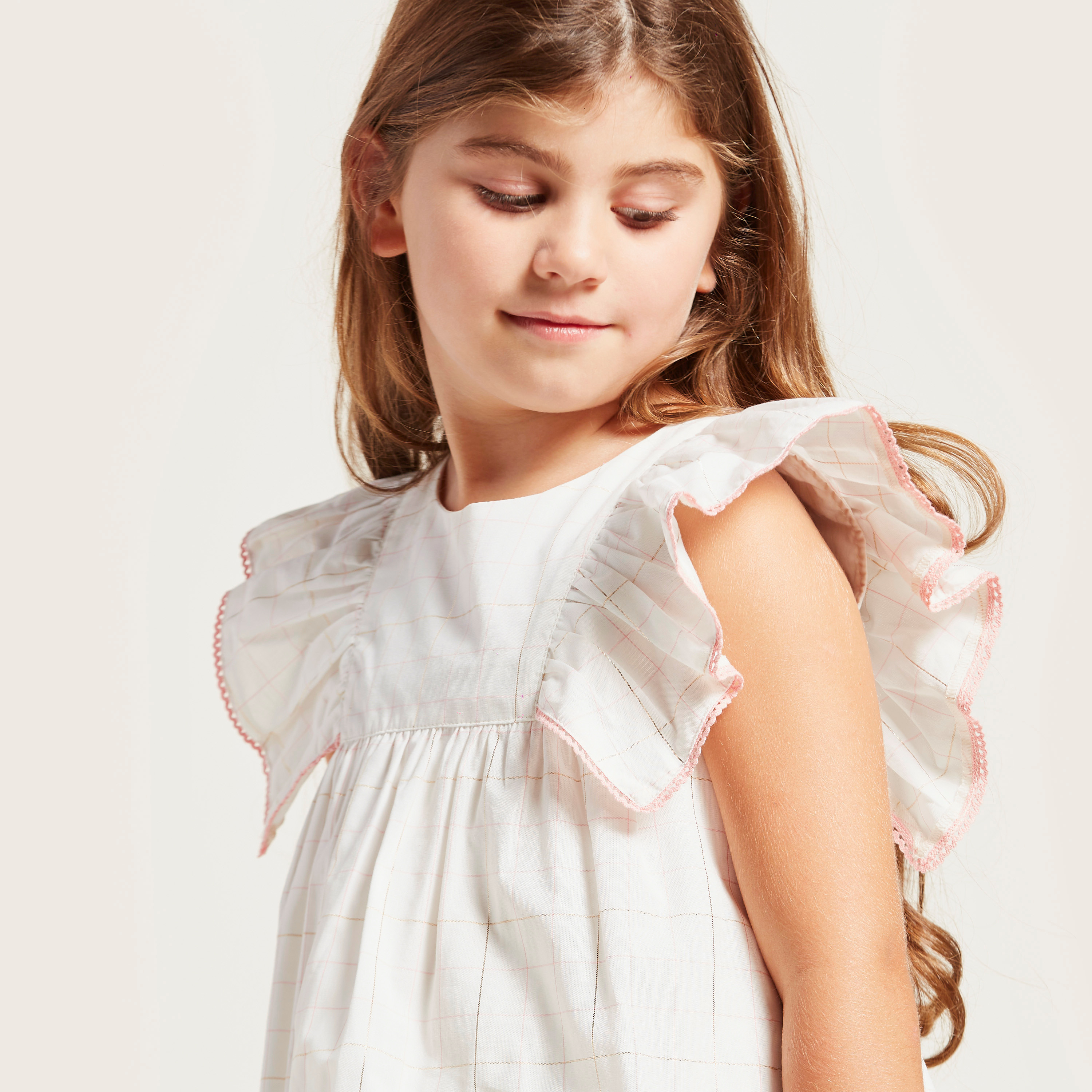 Eligo Checked Blouse with Round Neck and Cap Sleeves-girls-clothing-blousesandshirts-image-3