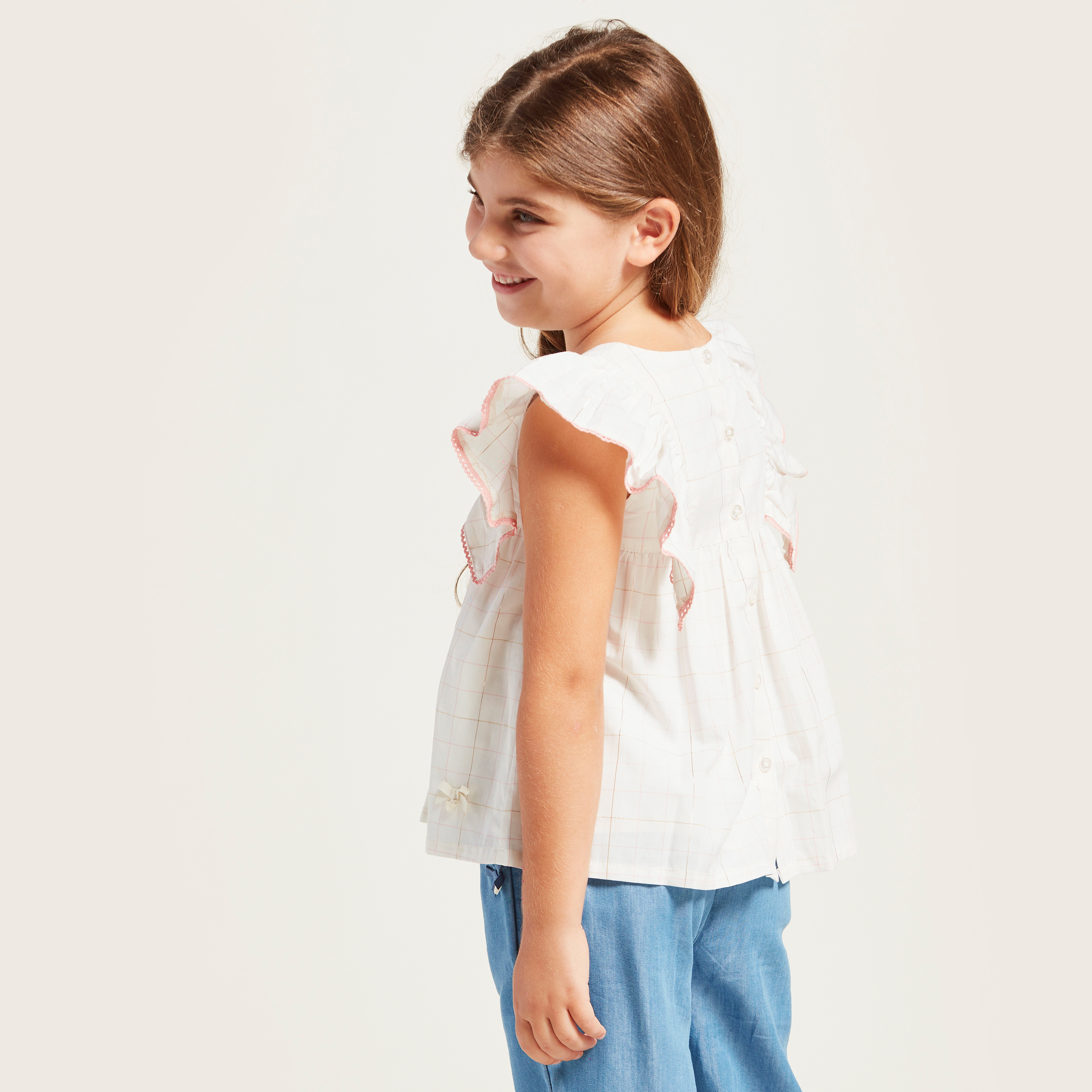 Eligo Checked Blouse with Round Neck and Cap Sleeves-girls-clothing-blousesandshirts-image-4