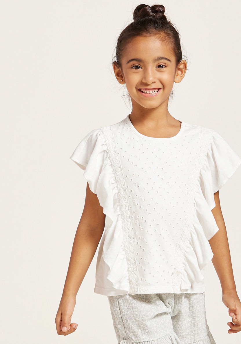 Ruffle Detailed Crew Neck Top with Short Sleeves-Blouses-image-1