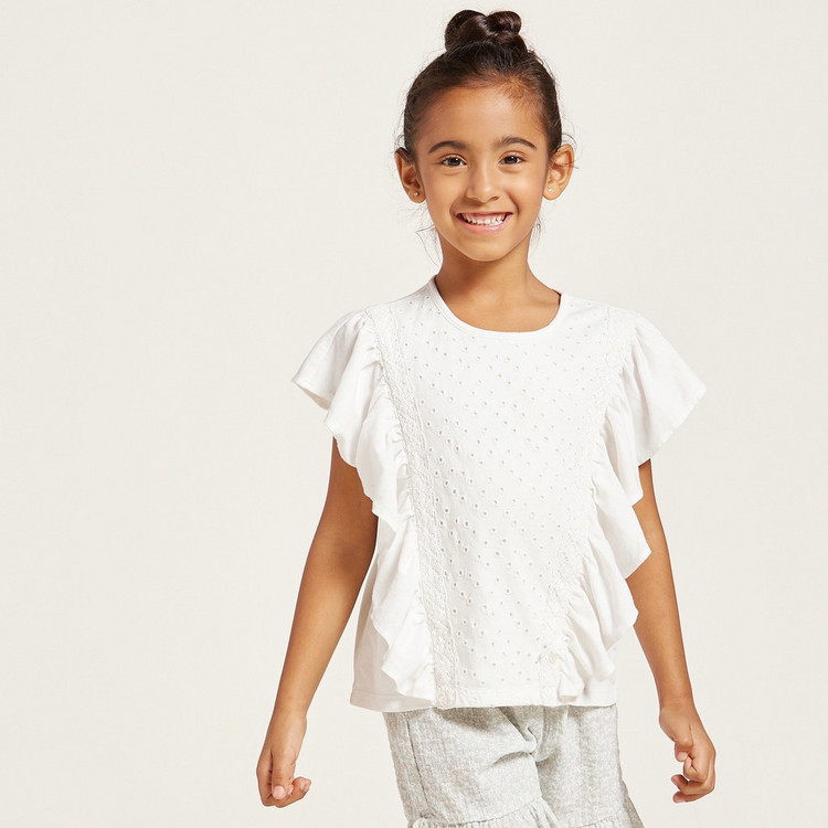 Ruffle Detailed Crew Neck Top with Short Sleeves