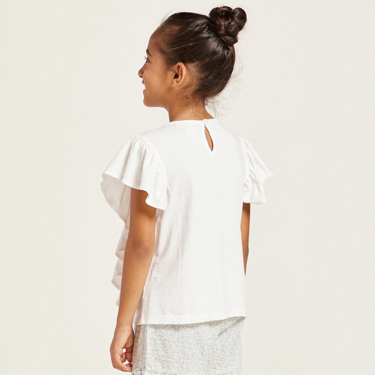 Ruffle Detailed Crew Neck Top with Short Sleeves