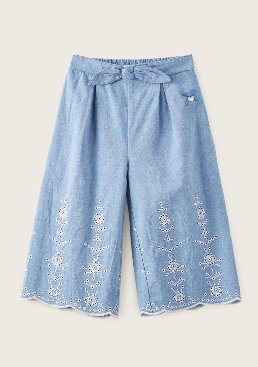 Embroidered Pants with Tie Up Waist and Scalloped Hems-Pants-image-0
