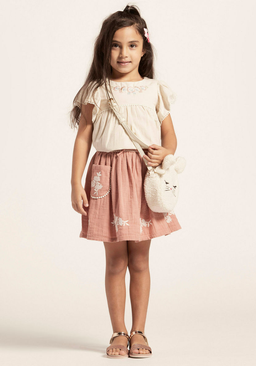 Textured Skirt with Embroidery Detail and Elasticated Waistband-Skirts-image-0