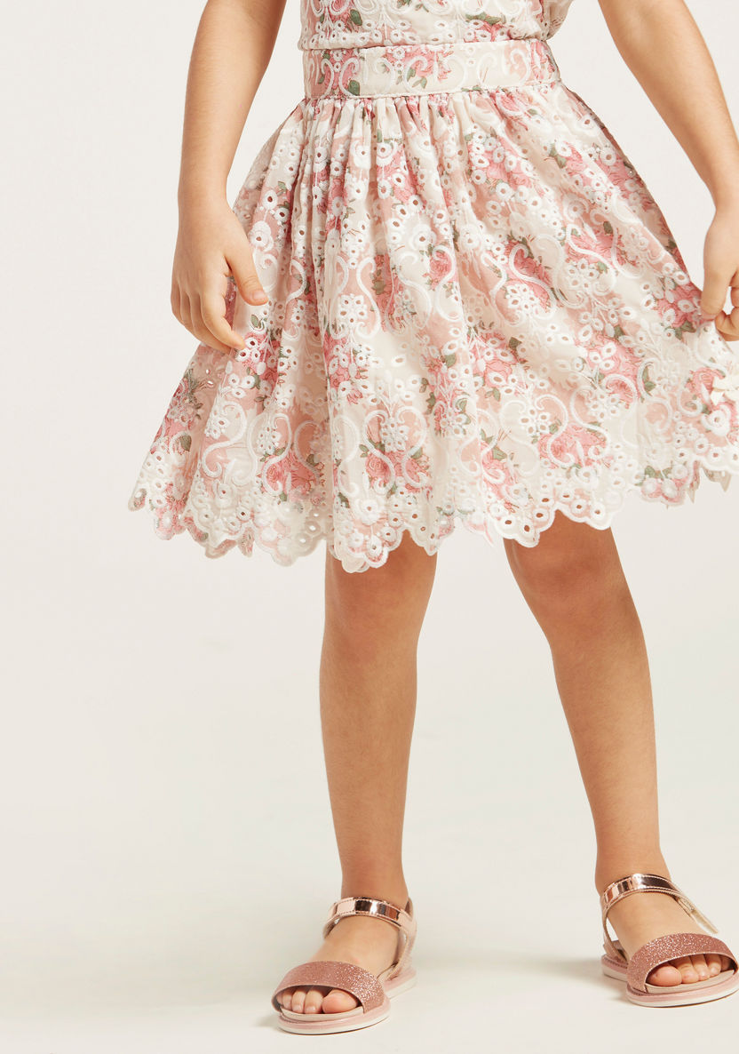 Floral Print Schiffli Top and Skirt Set-Clothes Sets-image-3