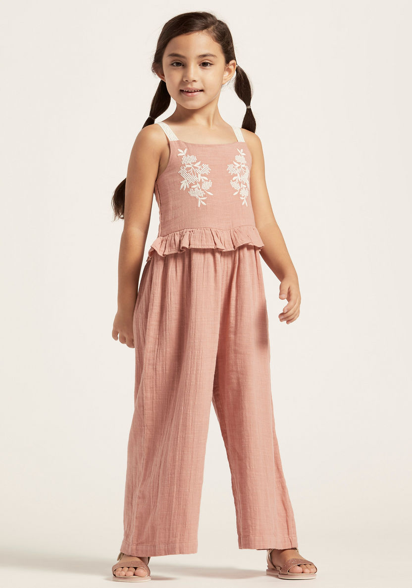 Full Length Embroidered Sleeveless Jumpsuit with Smocking Detail-Rompers%2C Dungarees and Jumpsuits-image-1