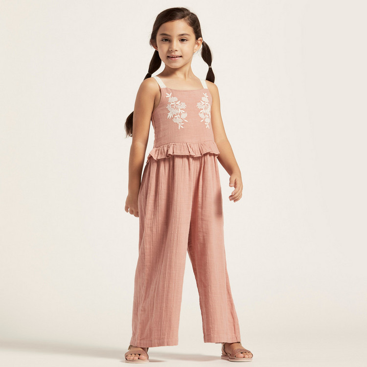 Full Length Embroidered Sleeveless Jumpsuit with Smocking Detail