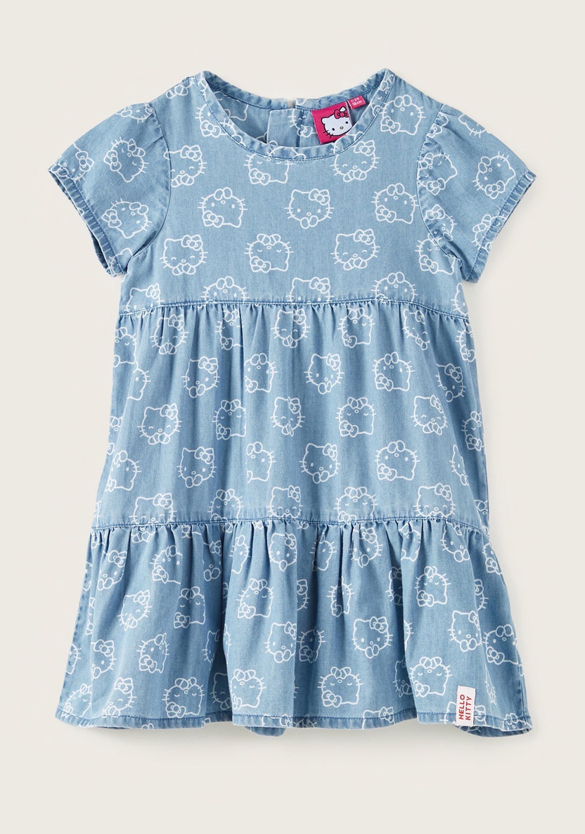 Hello Kitty Print Tiered Chambray Dress with Short Sleeves-Dresses%2C Gowns and Frocks-image-0