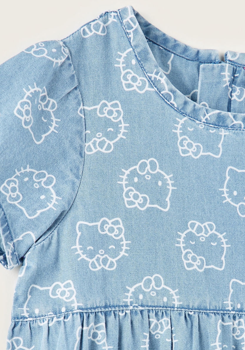 Hello Kitty Print Tiered Chambray Dress with Short Sleeves-Dresses%2C Gowns and Frocks-image-1