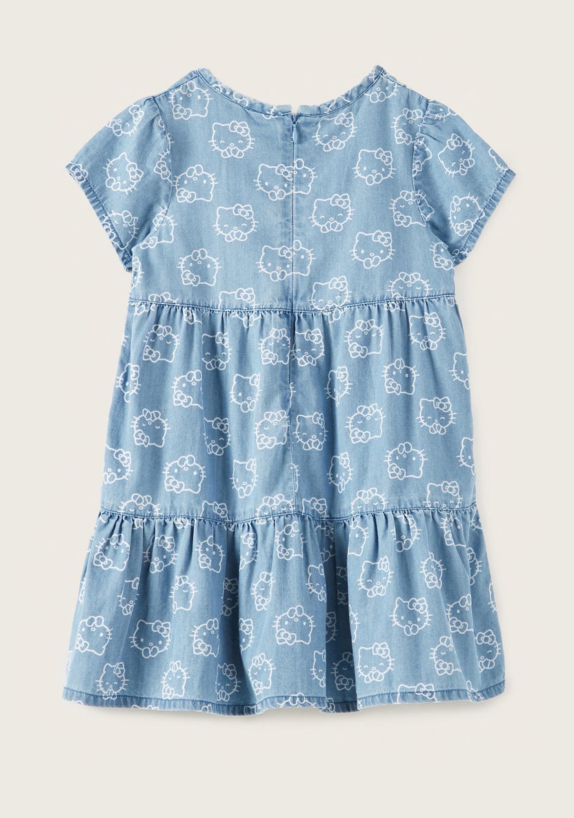 Hello Kitty Print Tiered Chambray Dress with Short Sleeves-Dresses%2C Gowns and Frocks-image-3