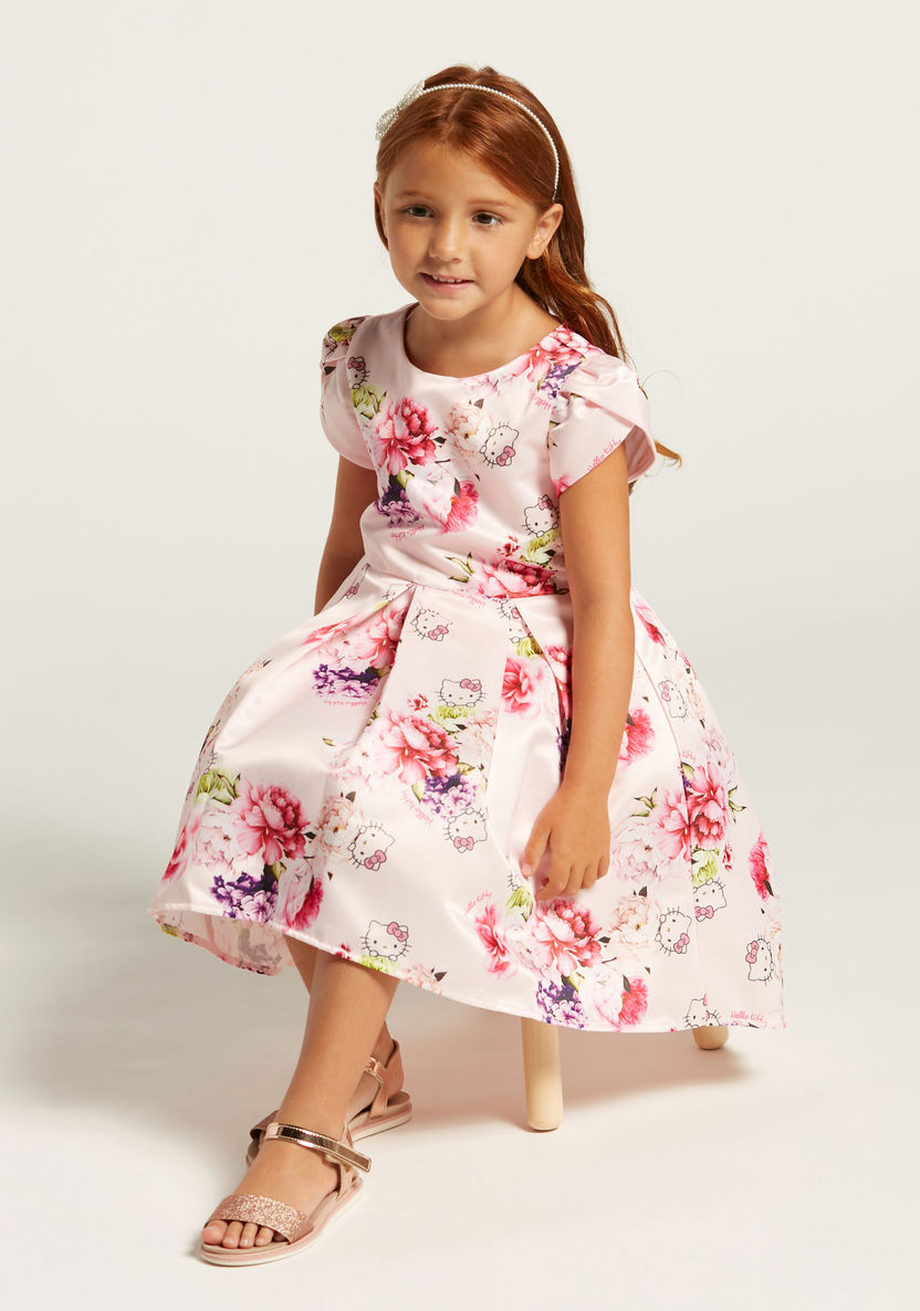 Hello Kitty Print Dress with Overlap Short Sleeves-Dresses%2C Gowns and Frocks-image-0