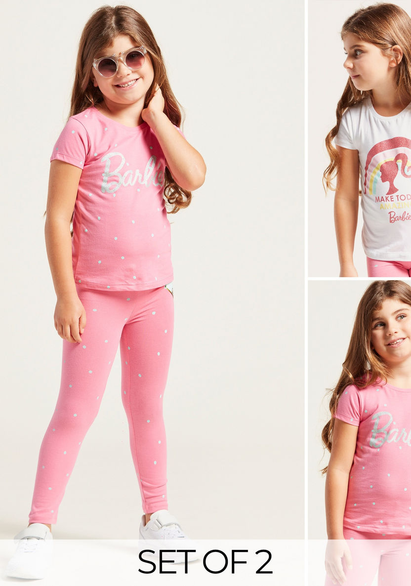 Barbie Print Round Neck T-shirt with Short Sleeves - Set of 2-T Shirts-image-0