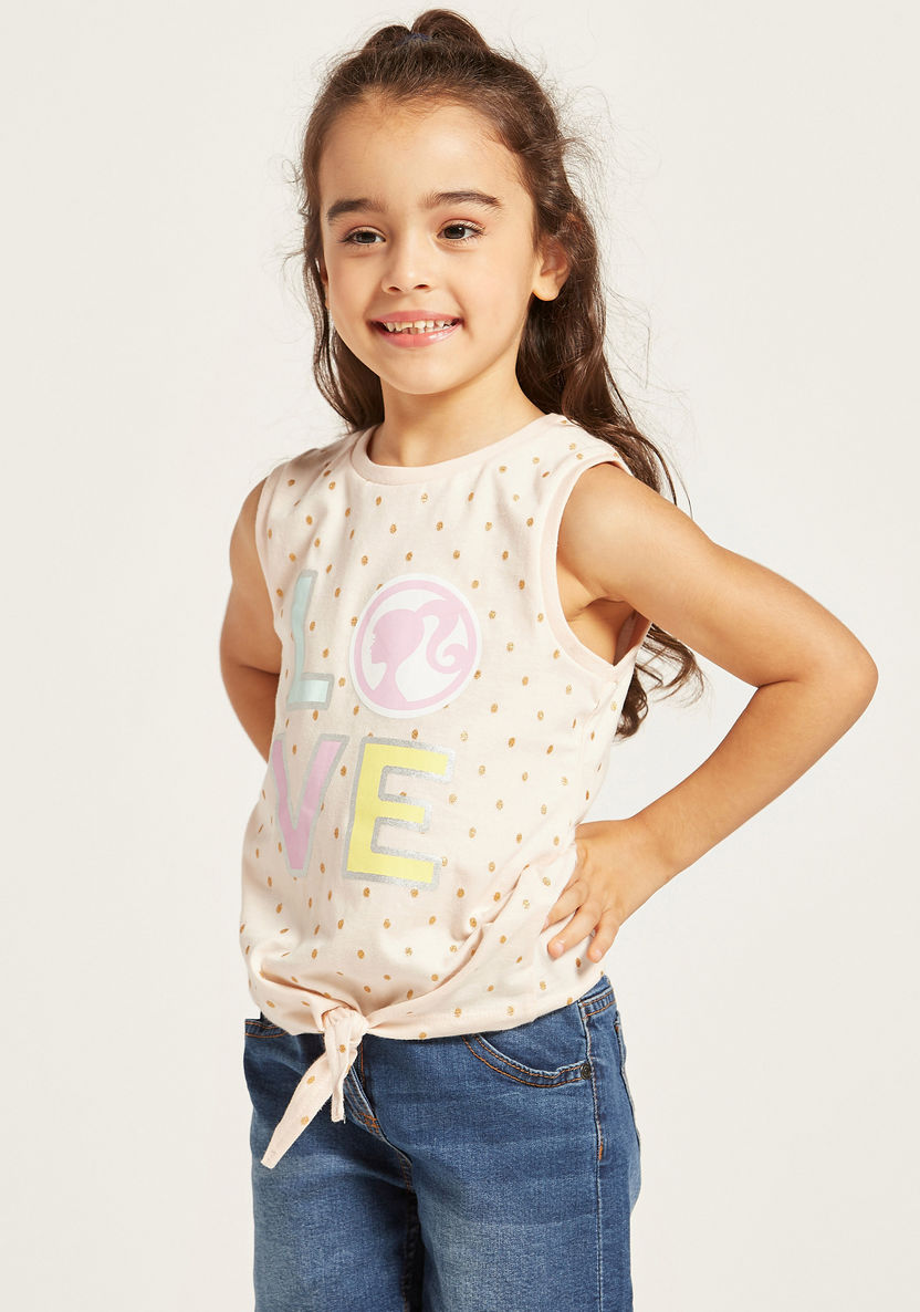 Barbie Print Sleeveless T-shirt with Knot Detail-T Shirts-image-1