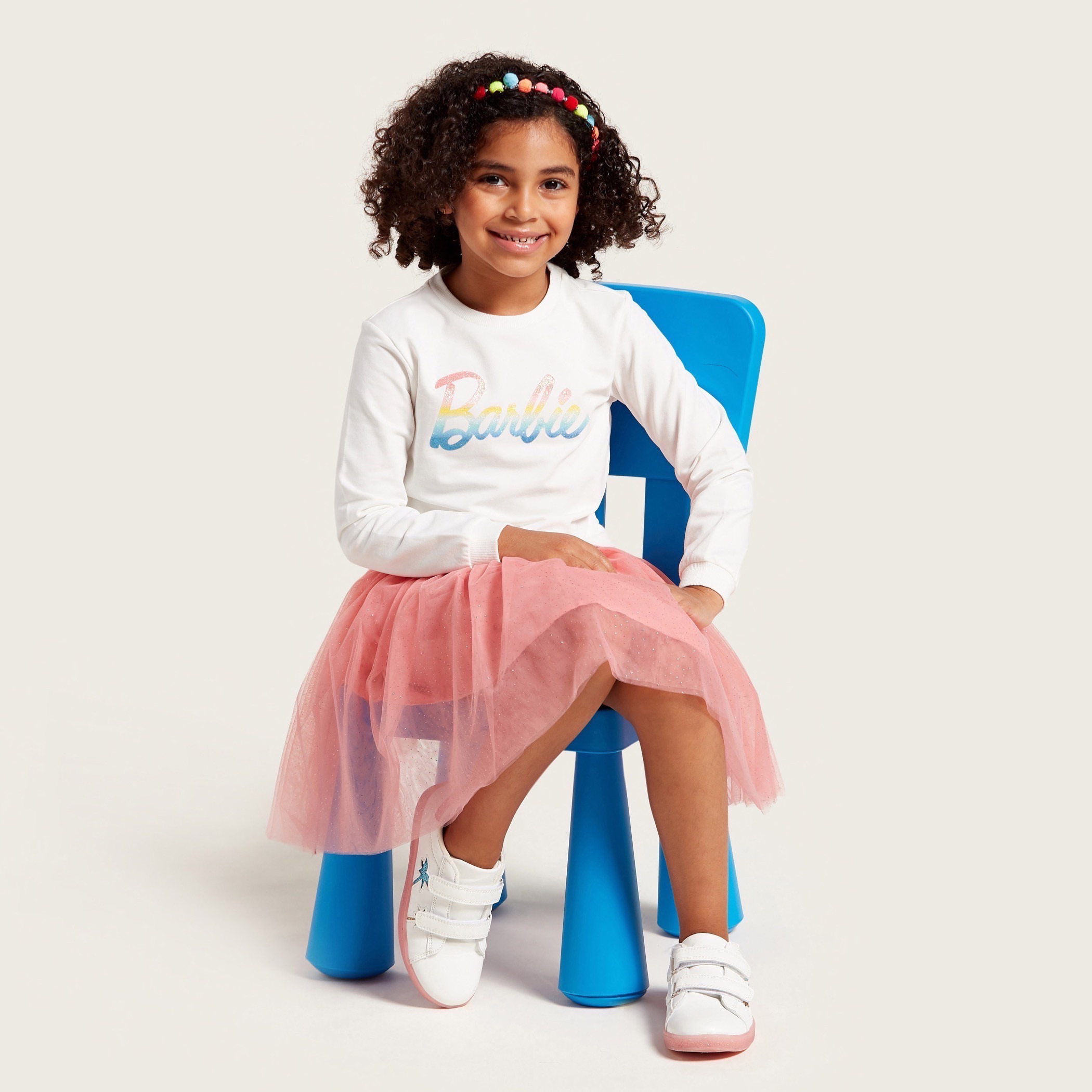 Barbie Text Print Sweatshirt with Round Neck and Long Sleeves-girls-clothing-dressesandjumpsuits-image-1