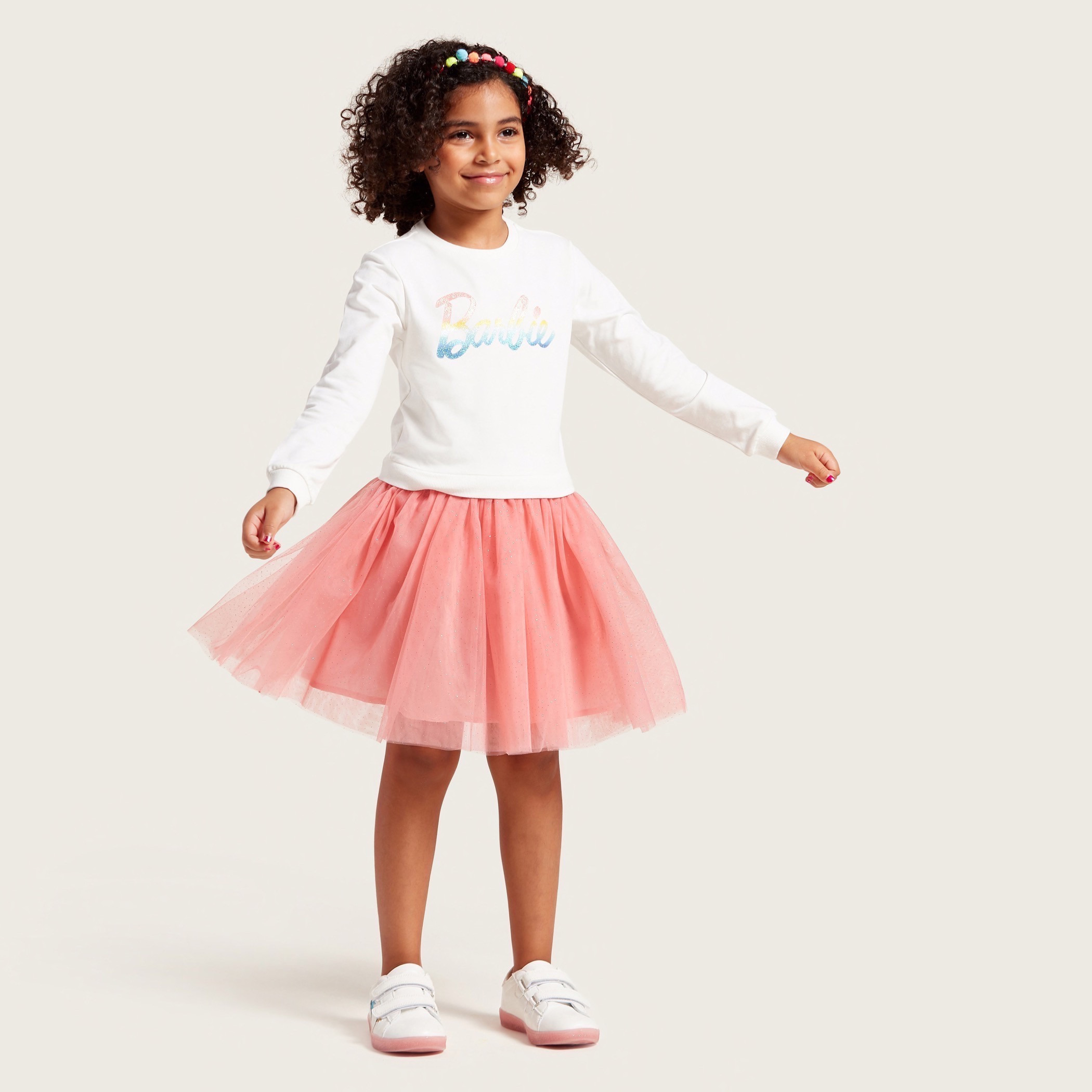 Barbie Text Print Sweatshirt with Round Neck and Long Sleeves-girls-clothing-dressesandjumpsuits-image-2