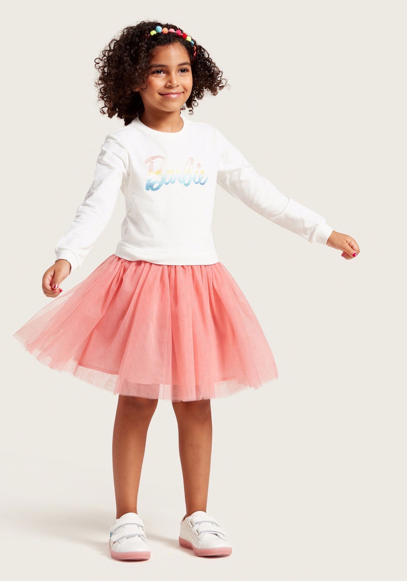Barbie Text Print Sweatshirt with Round Neck and Long Sleeves-Dresses%2C Gowns and Frocks-image-1