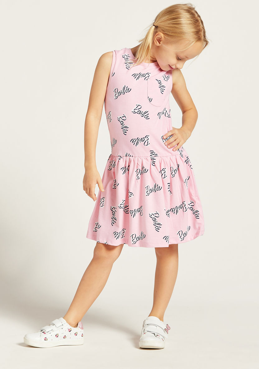 Barbie Print Round Neck Sleeveless Dress-Dresses%2C Gowns and Frocks-image-2