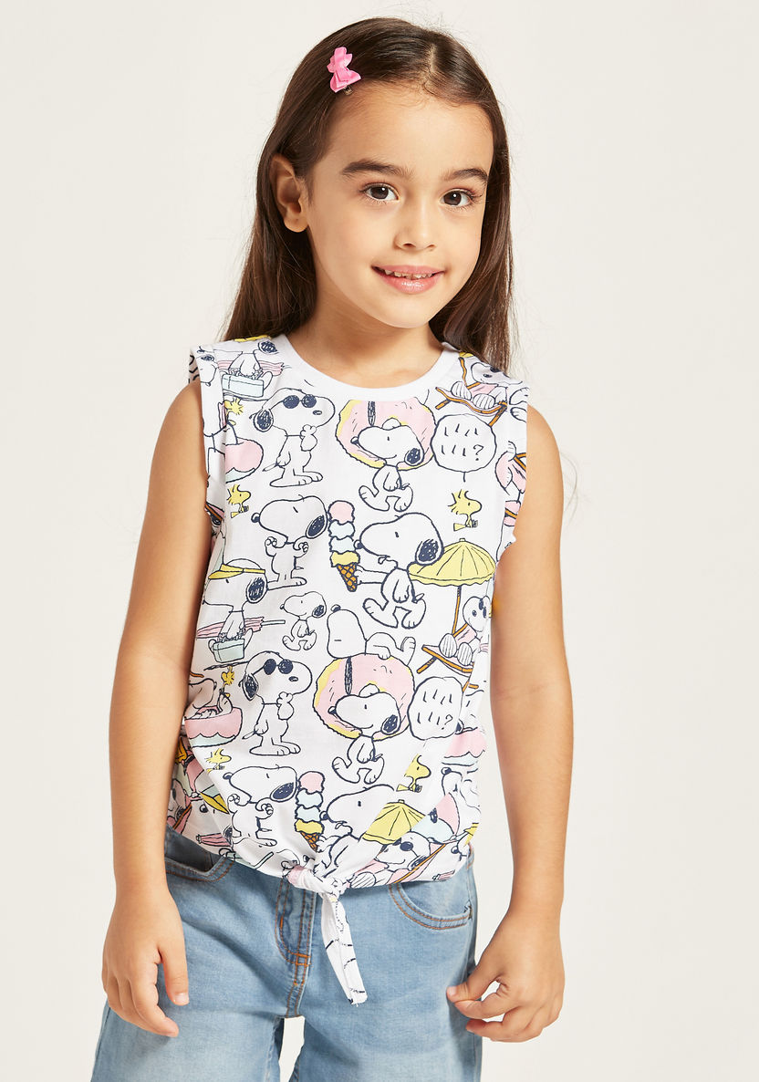 All-Over Snoopy Print Sleeveless T-shirt with Knot Detail-T Shirts-image-1