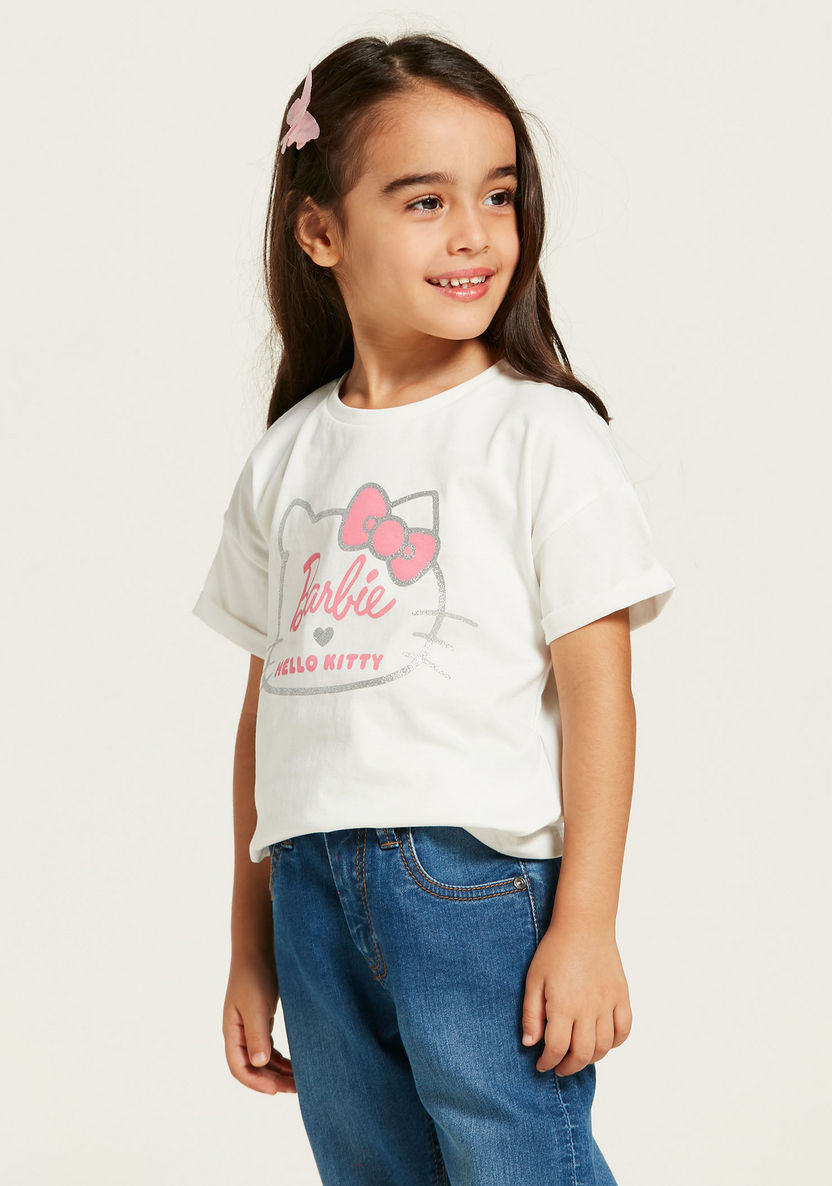 Sanrio Hello Kitty and Barbie Print T-shirt with Short Sleeves-T Shirts-image-1