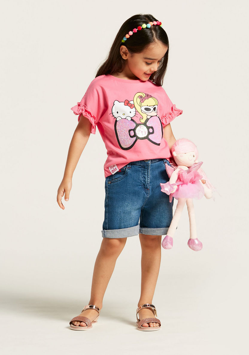 Sanrio Hello Kitty and Barbie Print T-shirt with Short Sleeves-T Shirts-image-0