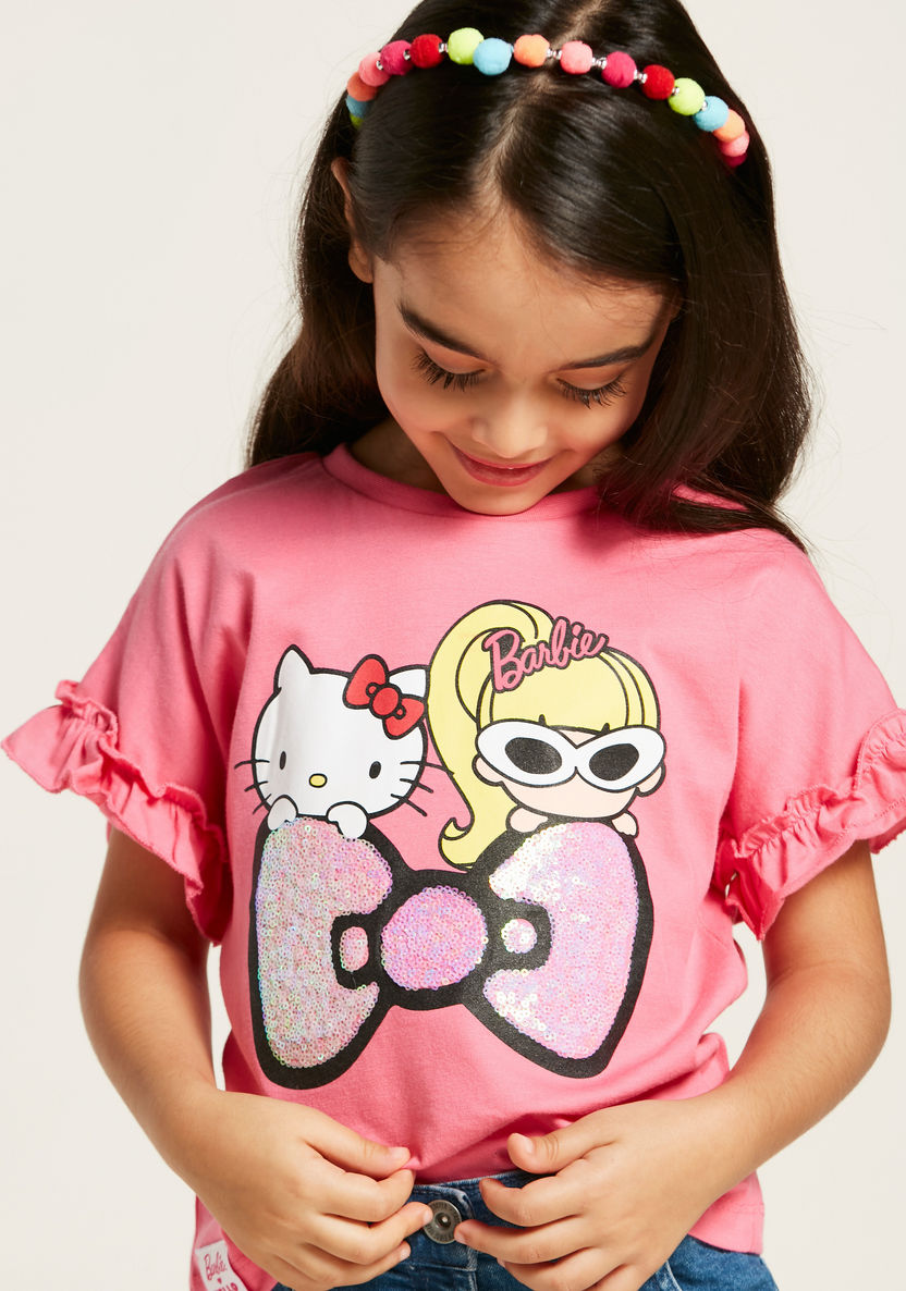 Sanrio Hello Kitty and Barbie Print T-shirt with Short Sleeves-T Shirts-image-2