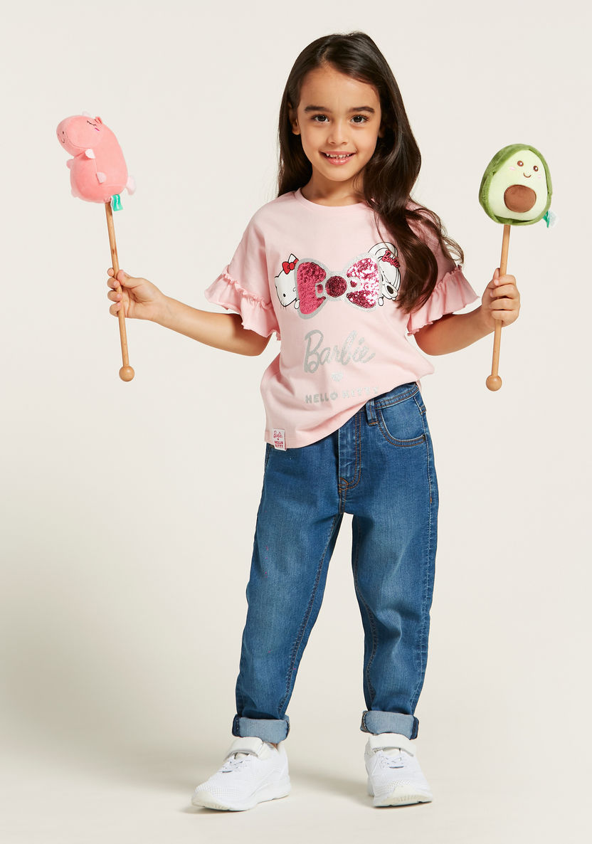 Sanrio Hello Kitty and Barbie Embellished T-shirt with Short Sleeves-T Shirts-image-0