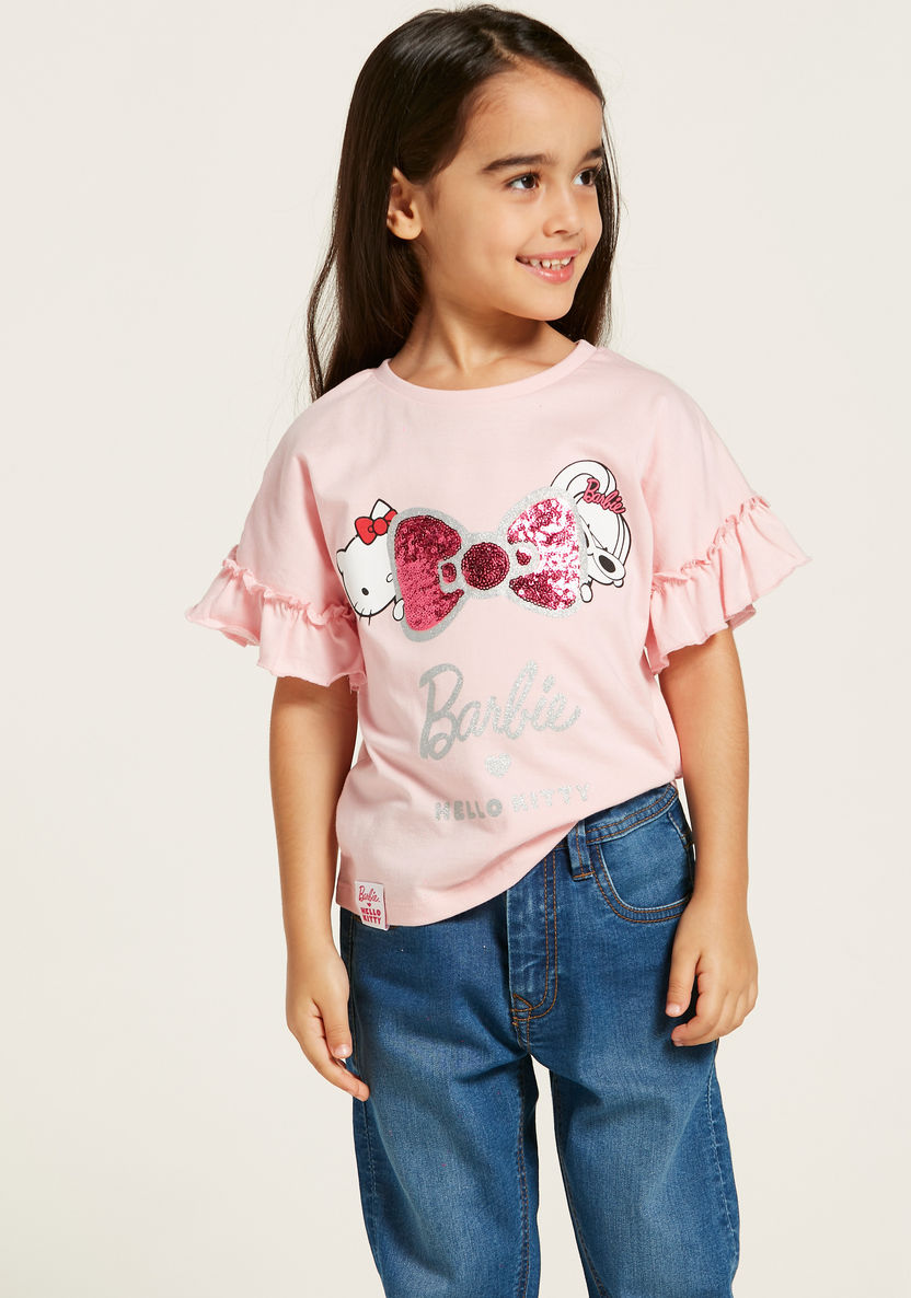 Sanrio Hello Kitty and Barbie Embellished T-shirt with Short Sleeves-T Shirts-image-1
