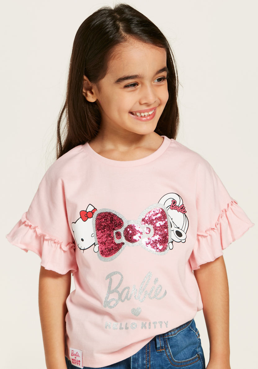 Sanrio Hello Kitty and Barbie Embellished T-shirt with Short Sleeves-T Shirts-image-2