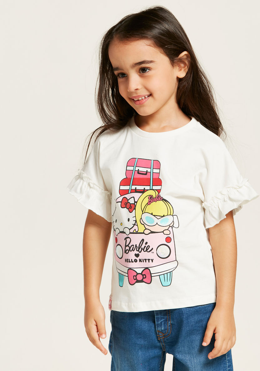 Sanrio Hello Kitty and Barbie Print T-shirt with Short Sleeves-T Shirts-image-1
