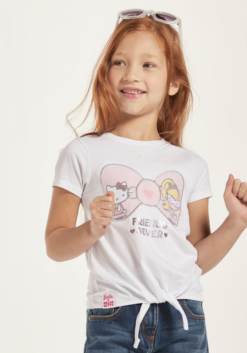 Sanrio Hello Kitty Print Round Neck T-shirt with Front-Tie Accent-T Shirts-image-2