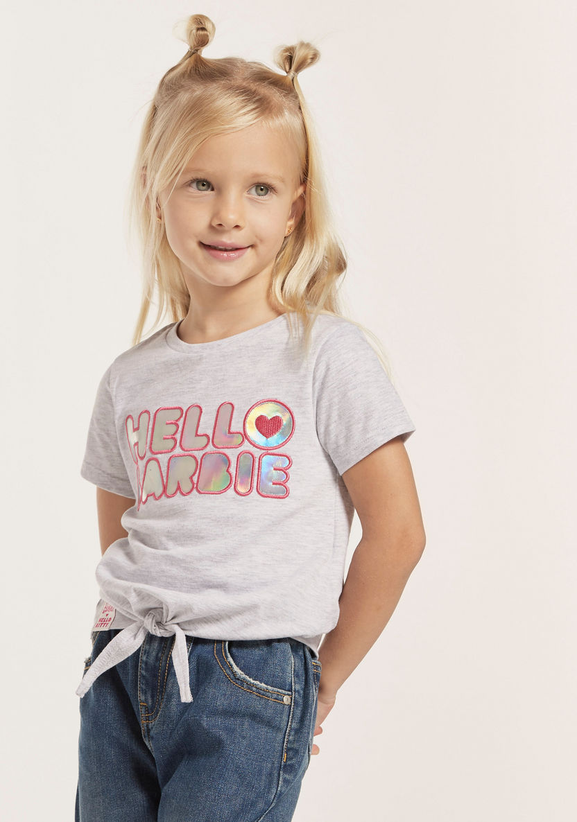 Sanrio Hello Barbie Print Round Neck T-shirt with Short Sleeves-T Shirts-image-1