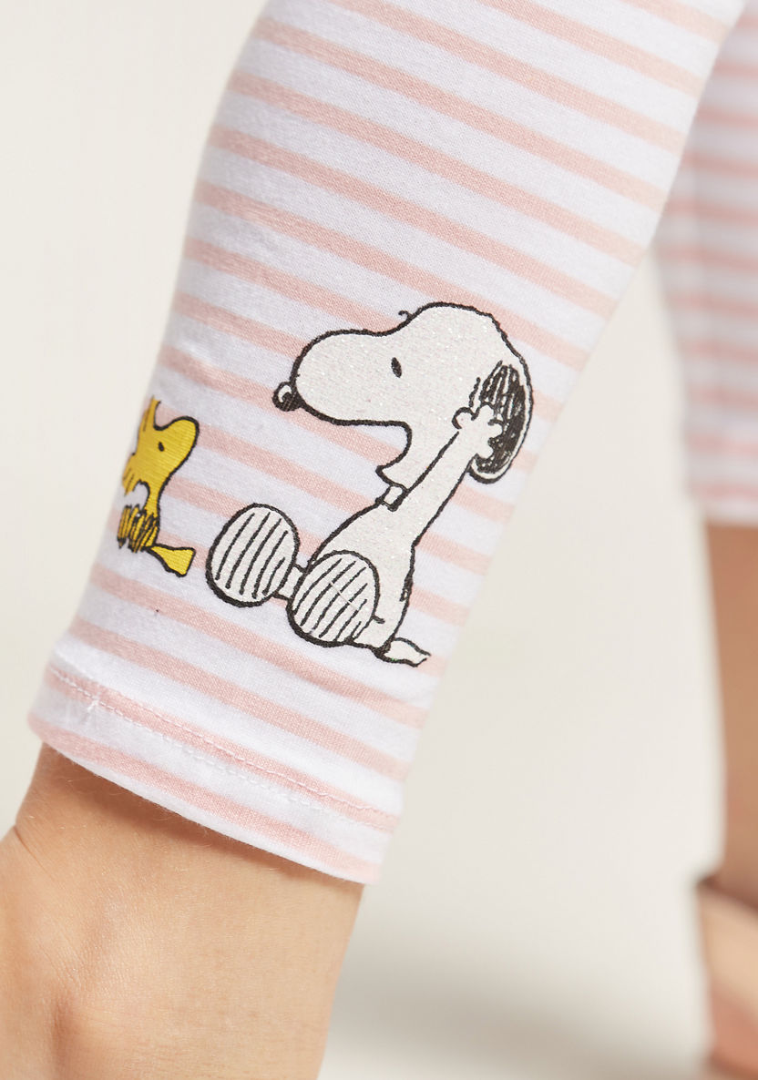 Snoopy Printed Striped Leggings with Elasticised Waist-Leggings-image-2
