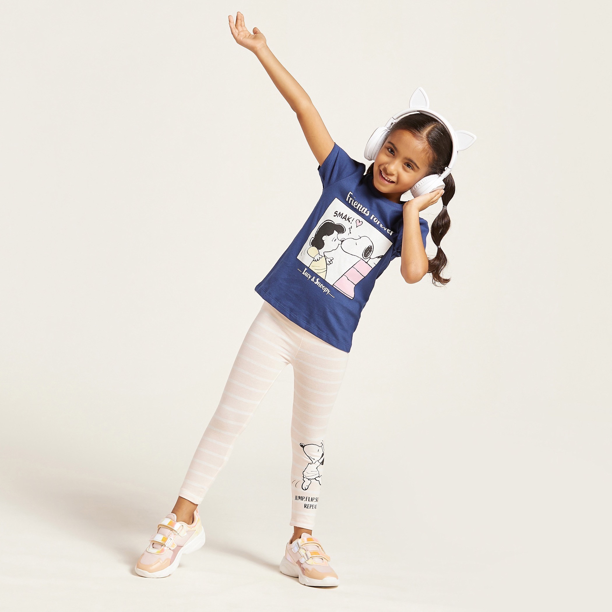 Peanuts Print Leggings with Elasticised Waistband-baby-girls-clothing-bottoms-leggings-image-1