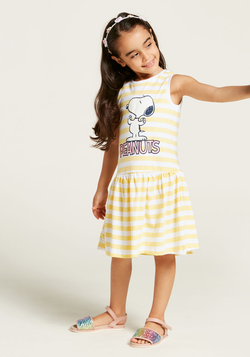 Peanuts Themed Snoopy Print Striped Sleeveless Dress-Dresses%2C Gowns and Frocks-image-0