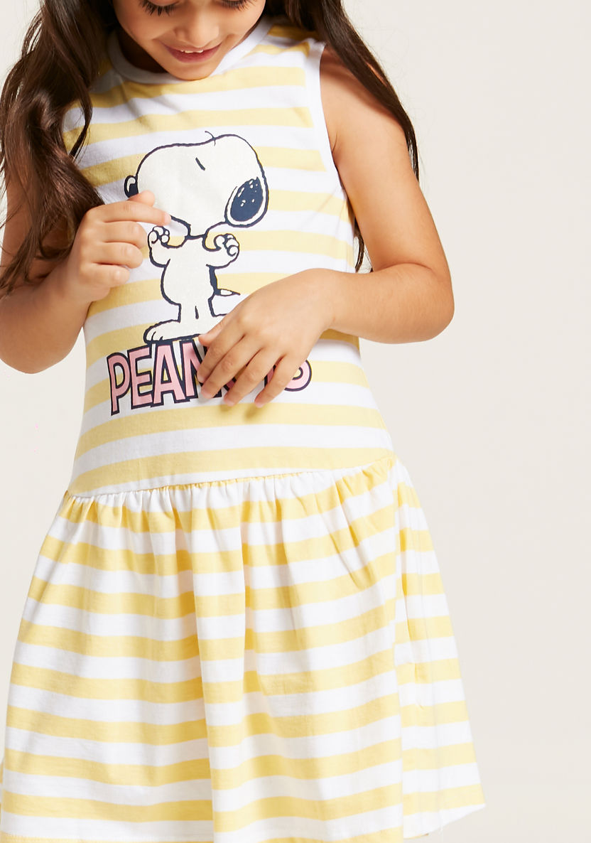 Peanuts Themed Snoopy Print Striped Sleeveless Dress-Dresses%2C Gowns and Frocks-image-1