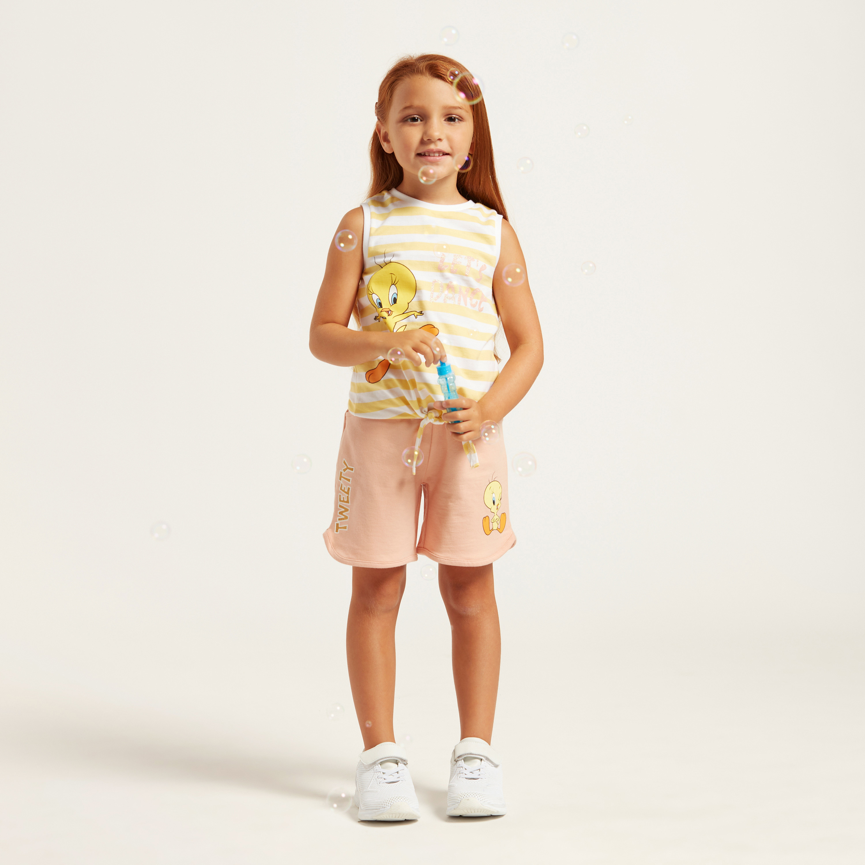 Tweety Print Knitted Shorts with Drawstring Closure-baby-girls-clothing-bottoms-shorts-image-1