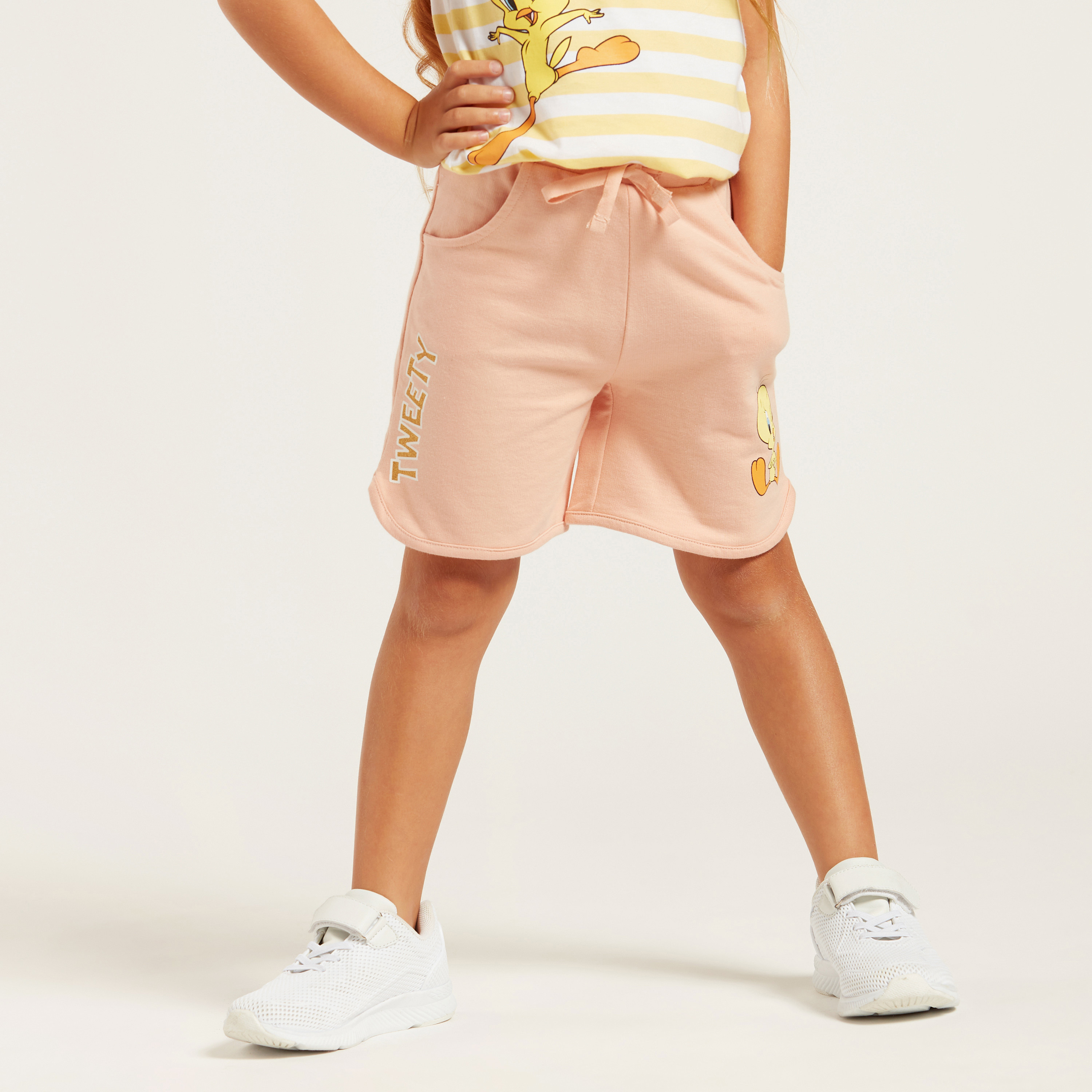 Tweety Print Knitted Shorts with Drawstring Closure-baby-girls-clothing-bottoms-shorts-image-2