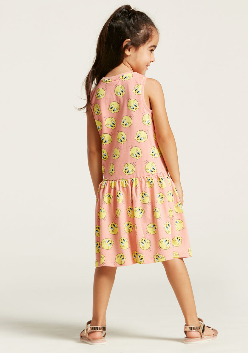 Tweety Print Round Neck Sleeveless Dress-Dresses%2C Gowns and Frocks-image-3