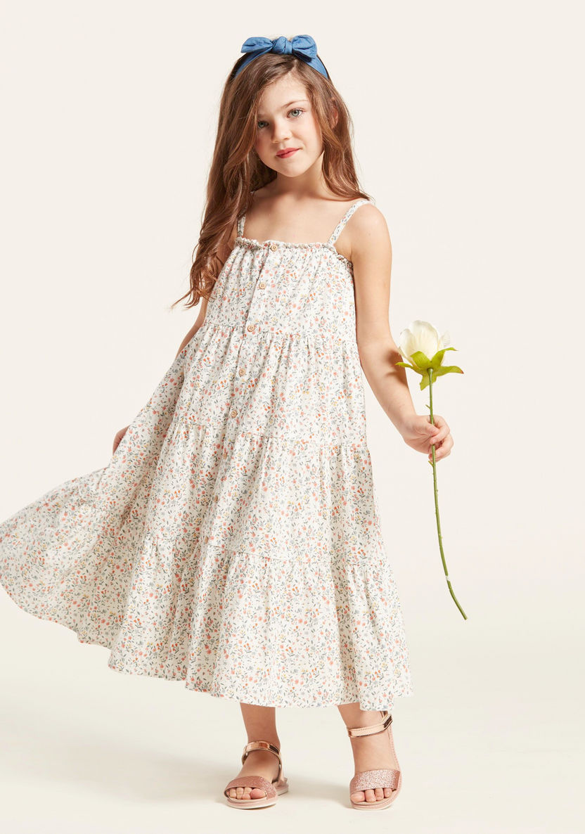 Floral Print Tiered Dress with Shoulder Straps and Button Closure-Dresses%2C Gowns and Frocks-image-0