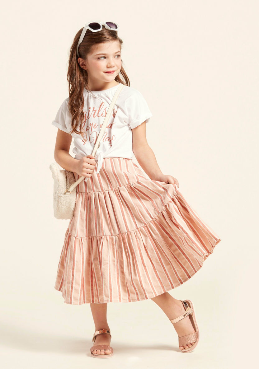 Graphic Print Short Sleeves T-shirt with Striped Tiered Skirt Set-Clothes Sets-image-0