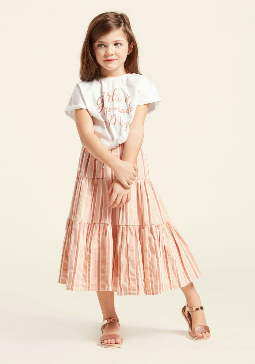 Graphic Print Short Sleeves T-shirt with Striped Tiered Skirt Set-Clothes Sets-image-2